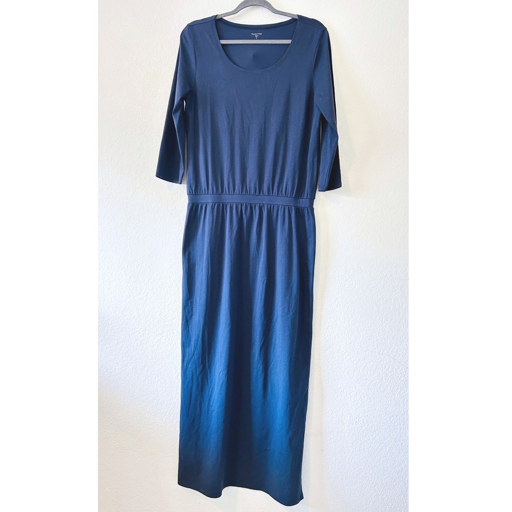 Garnet Hill Blue Minimalist Organic Pima Cotton 3/4 Elastic Waist Maxi Dress M